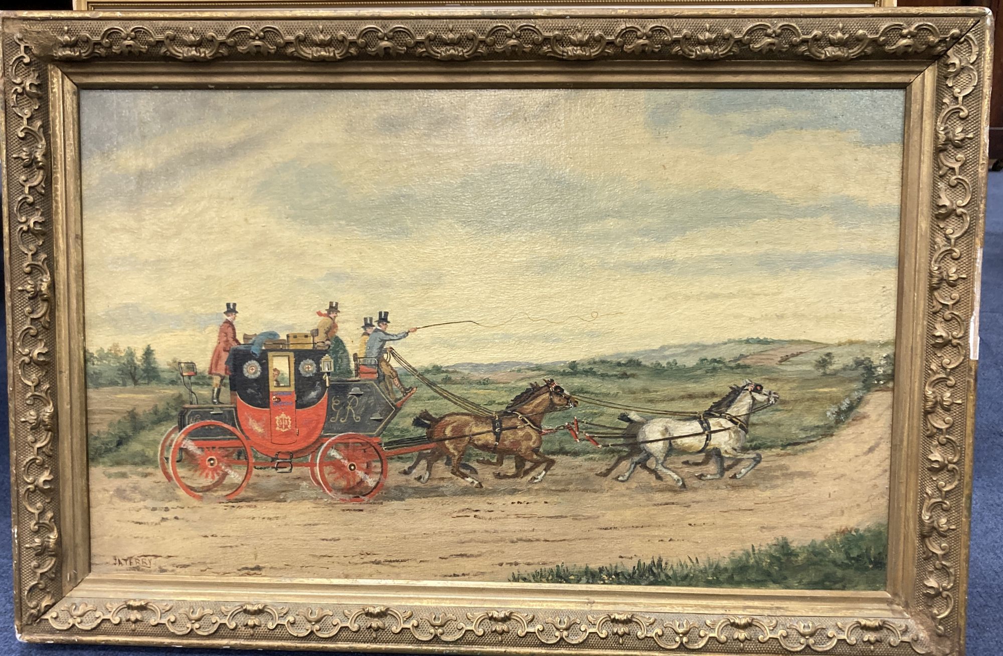 J.A.Terry, oil on canvas, The London to Exeter mail coach, signed, 32 x 52cm